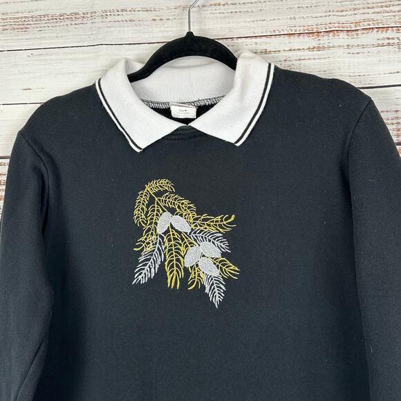 VTG Adrian Delafield Black White Gold Embroidered Collared Granny Sweatshirt M - Picture 4 of 7